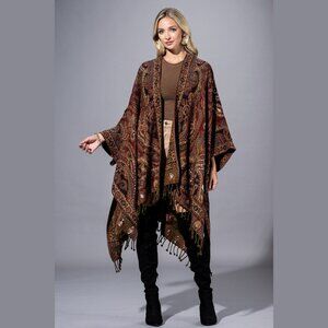 URBANISTA 100% Wool Brown Paisley Pattern Ruana